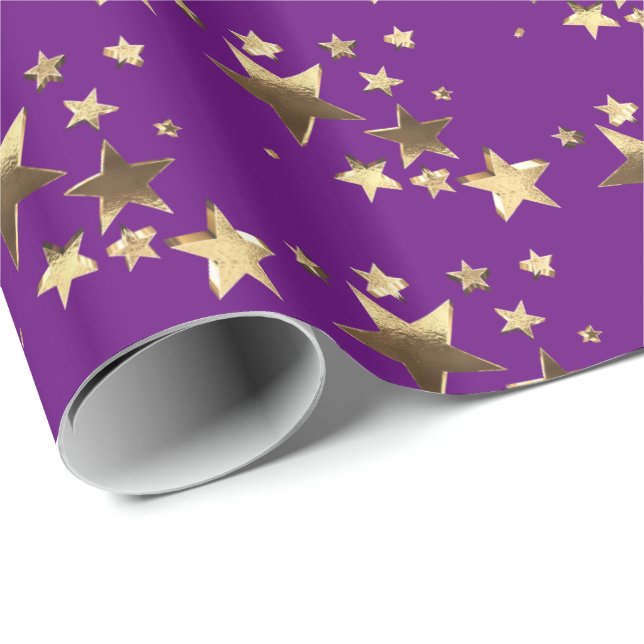 Faux Gold Purple Christmas Stars Pattern Add Text Wrapping Paper (Roll Corner)
