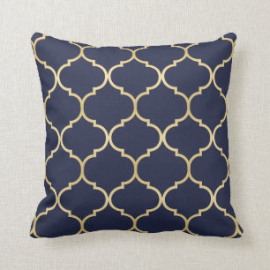 Faux Gold Quatrefoil Pattern Blue Throw Pillow