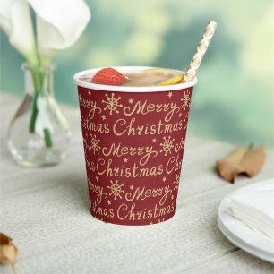Faux Gold & Red Merry Christmas Lettering Paper Cups
