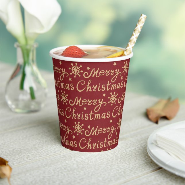 Faux Gold & Red Merry Christmas Lettering Paper Cups (Insitu)