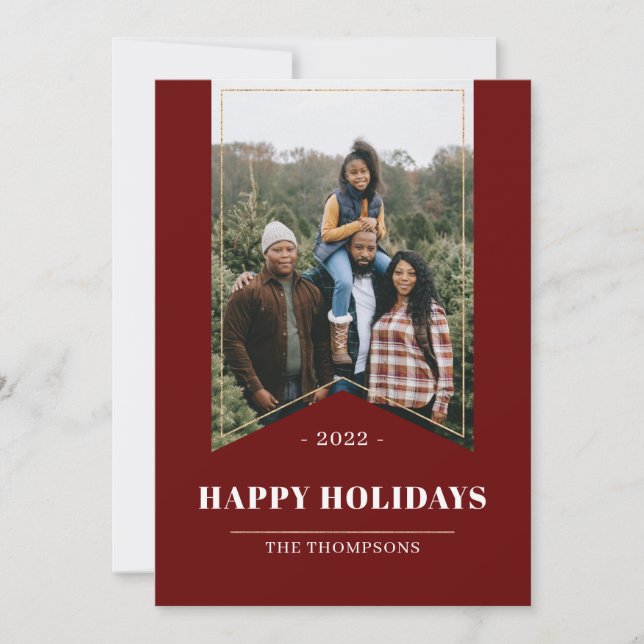 Faux Gold Red Minimalist Happy Holidays Photo 2021 Holiday Card (Front)