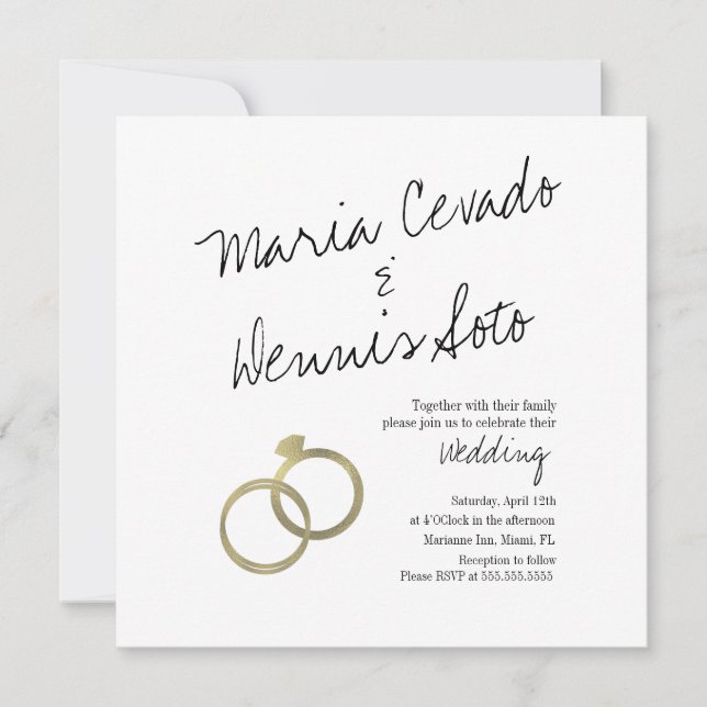 Faux Gold Ring Lettering Script Wedding Invitation (Front)