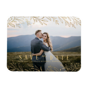 Faux gold rustic botanical photo save the date magnet