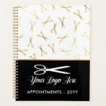 Faux Gold Scissors Logo Hair Stylist Appointment Planner<br><div class="desc">Chic hair stylist appointment book with a pattern of faux gold scissors and a design in white,  black,  and faux gold. Add your logo. Hair stylist appointment notebook personalized with your logo.</div>