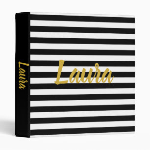 Faux Gold Script Name on Black and White Stripes Binder
