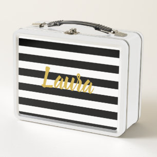 Faux Gold Script on Black and White Stripes Metal Lunch Box