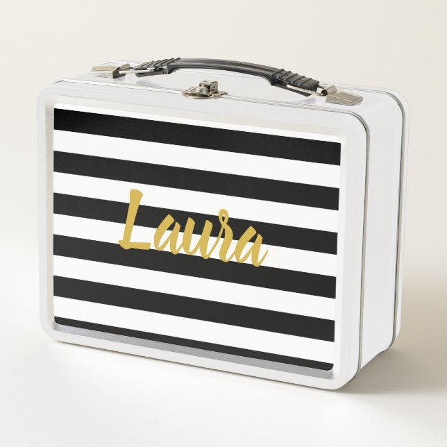 Faux Gold Script on Black and White Stripes Metal Lunch Box (Front)