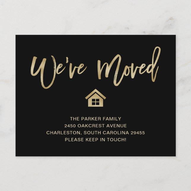 Faux Gold Script on Black | Moving Announcement Postcard (Front)