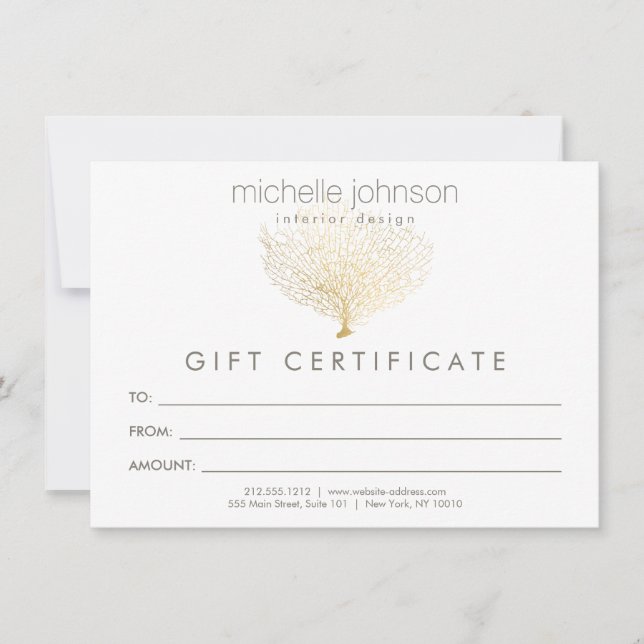 Faux Gold Sea Fan Coral Gift Certificate (Front)