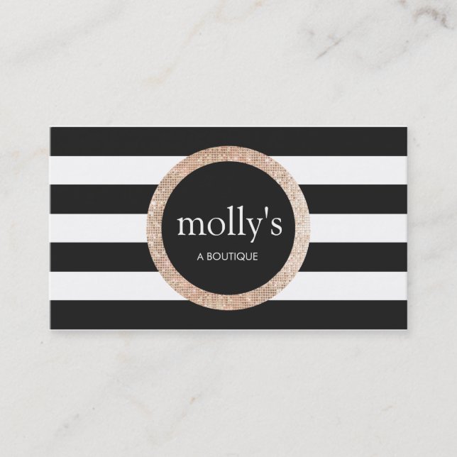 Faux Gold Sequin Black and White Striped Pattern Business Card (Front)