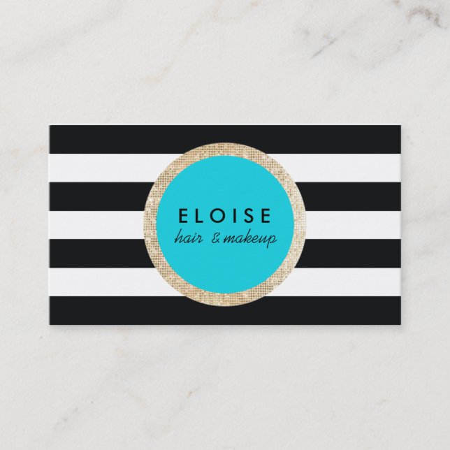 Faux Gold Sequin Black and White Striped Turquoise Business Card (Front)