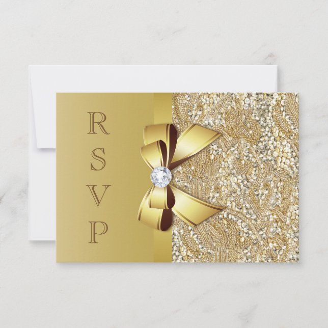 Faux Gold Sequins and Bow RSVP Card (Front)