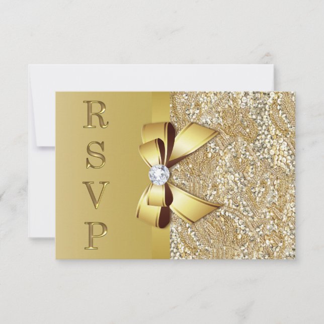 Faux Gold Sequins Bow Diamond RSVP Card (Front)