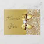 Faux Gold Sequins Bow Diamond Wedding Thank You<br><div class="desc">Elegant custom gold personalized wedding thank you note cards with a beautiful glittery golden colours printed image sequins jewels, gems pattern, cute shiny gold printed bows and ribbons images and pretty digital diamonds bling jewels on a chic gold gradient background with faux gold metal effect fixed Thank You text on...</div>