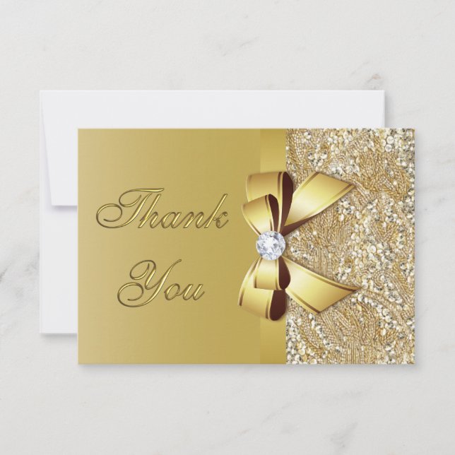 Faux Gold Sequins Bow Diamond Wedding Thank You (Front)