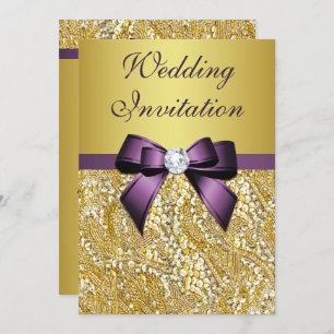 Faux Gold Sequins Diamonds Purple Bow Wedding Invitation