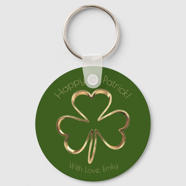 Faux Gold Shamrock Clover Custom Text St. Patrick Keychain (Front)