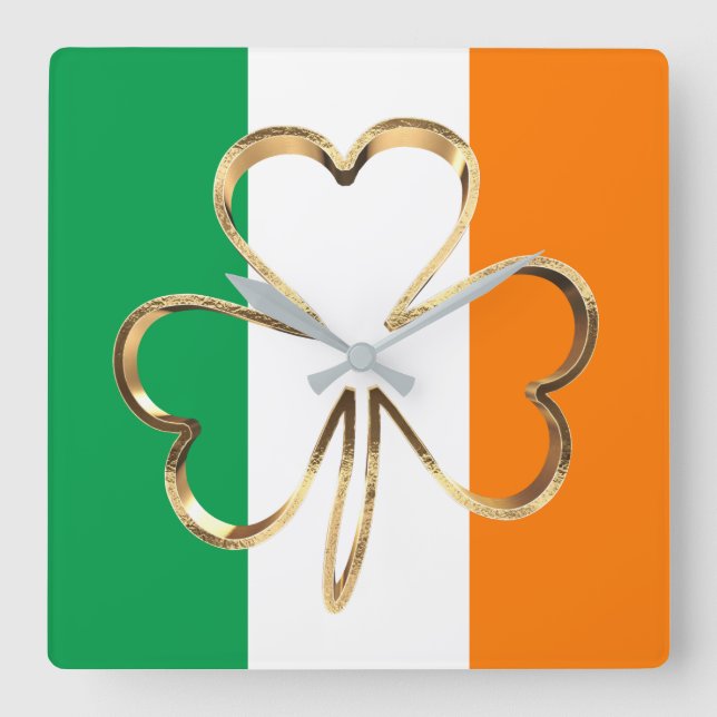 Faux Gold Shamrock Clover Irish Flag Square Wall Clock (Front)