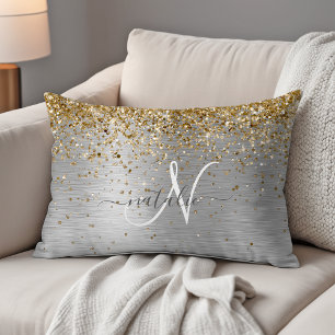 Faux Gold Silver Brushed Metal Glitter Monogram Accent Pillow