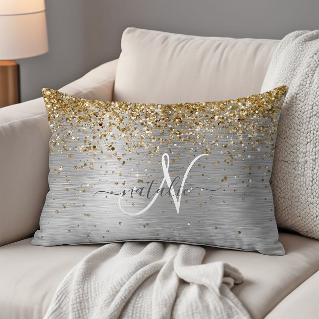 Faux Gold Silver Brushed Metal Glitter Monogram Accent Pillow (Creator Uploaded)