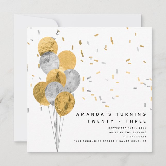 Faux Gold & Silver Foil Modern Adult Birthday Invitation (Front)