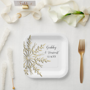 Faux Gold Snowflake Winter Wedding Paper Plate