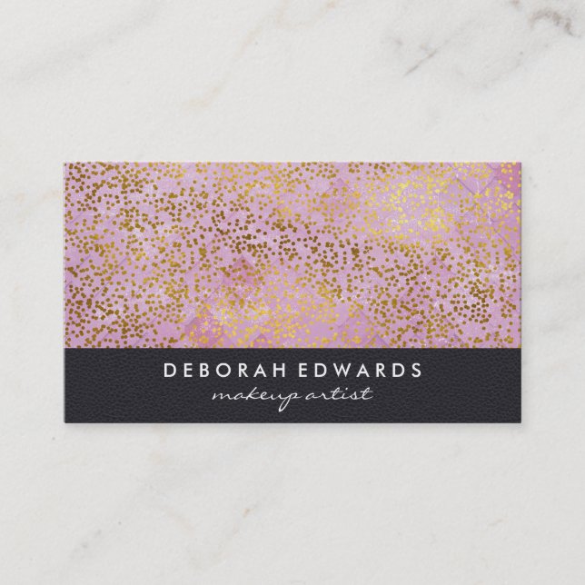 Faux Gold Specks Pink Tile Leather Business Card (Front)