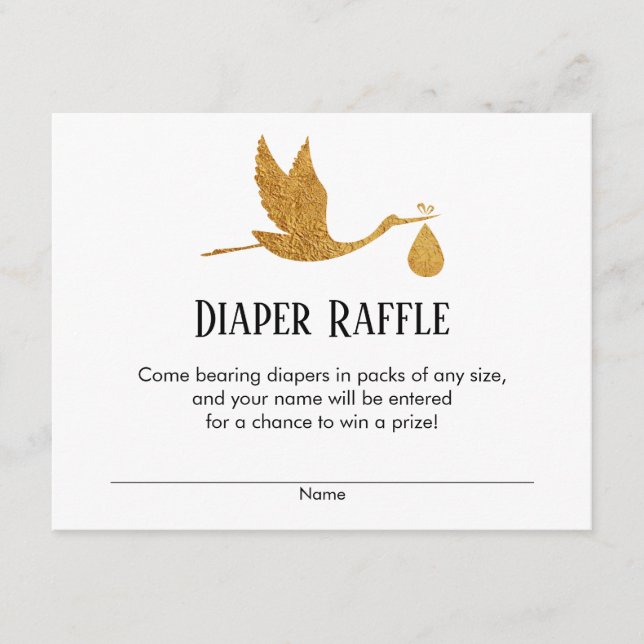 Faux Gold Stork Baby Shower Diaper Raffle Tickets Enclosure Card (Front)