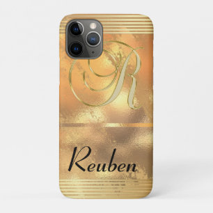 Faux gold Stripes Gold Glitter Monogram R  iPhone 11 Pro Case