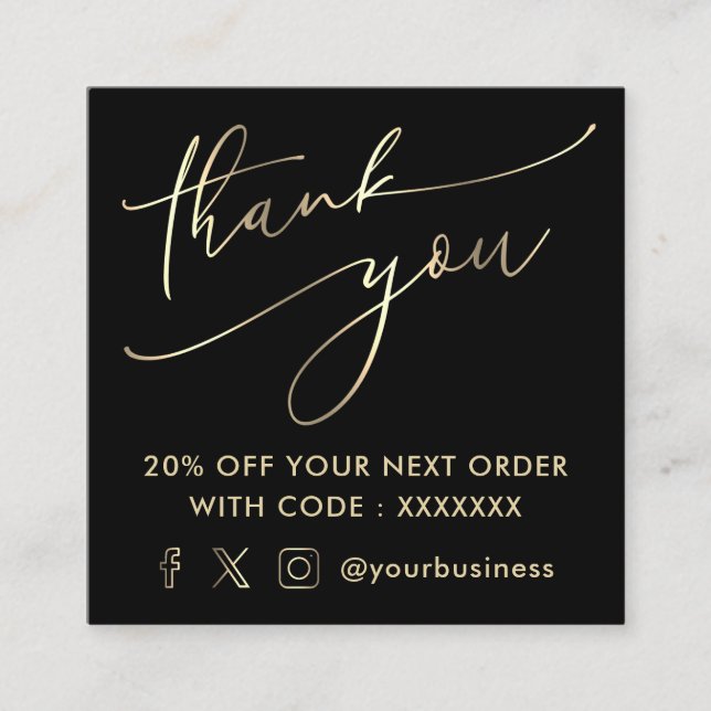  faux gold thank you script  square business card (Front)