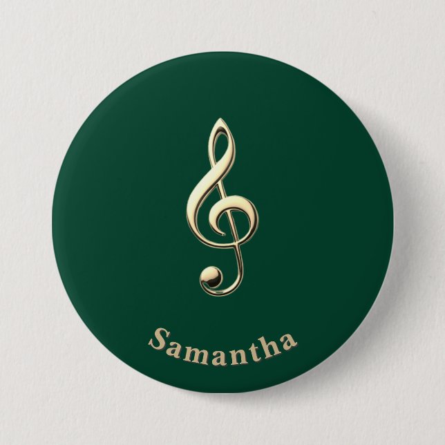 Faux Gold Treble Clef Green Personalized 3 Inch Round Button (Front)