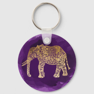 faux gold tribal elephant purple brushstroke keychain