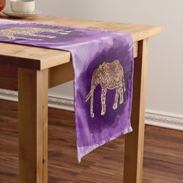 faux gold tribal elephant purple brushstroke short table runner (In Situ)