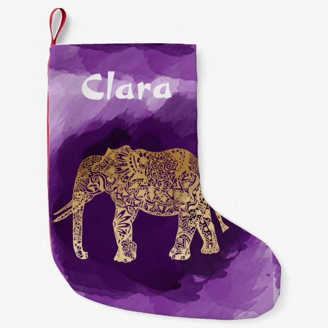 faux gold tribal elephant purple brushstroke small christmas stocking (Front)