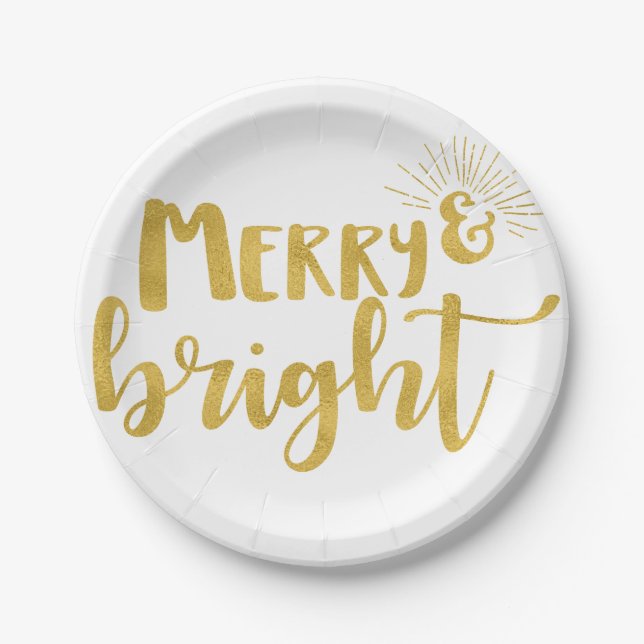Faux Gold Typography Merry and Bright Christmas Paper Plate (Front)
