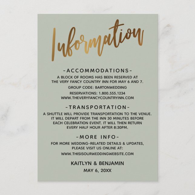 Faux Gold Typography Sage Wedding Information Enclosure Card (Front)
