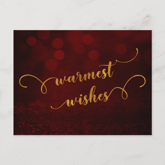 Faux Gold Typography "Warmest Wishes" Over Red Holiday Postcard (Front)