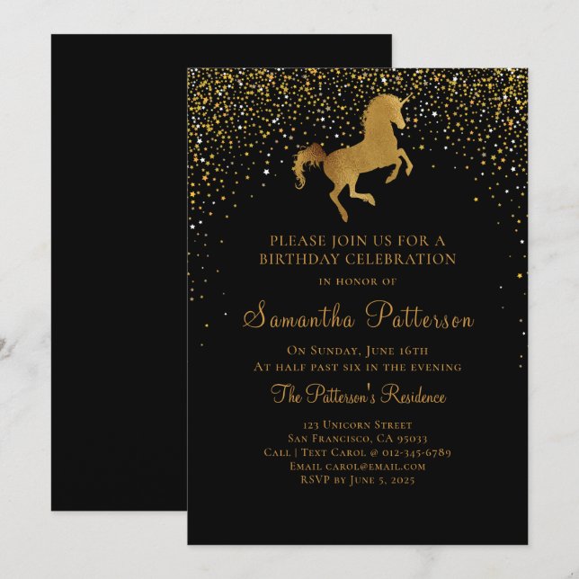 Faux Gold Unicorn and Stars Birthday Invitation (Front/Back)