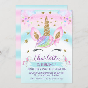 faux Gold Unicorn Rainbow 1st Birthday Invitation