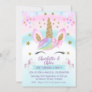 Faux Gold Unicorn Rainbow Joint Birthday Invitation