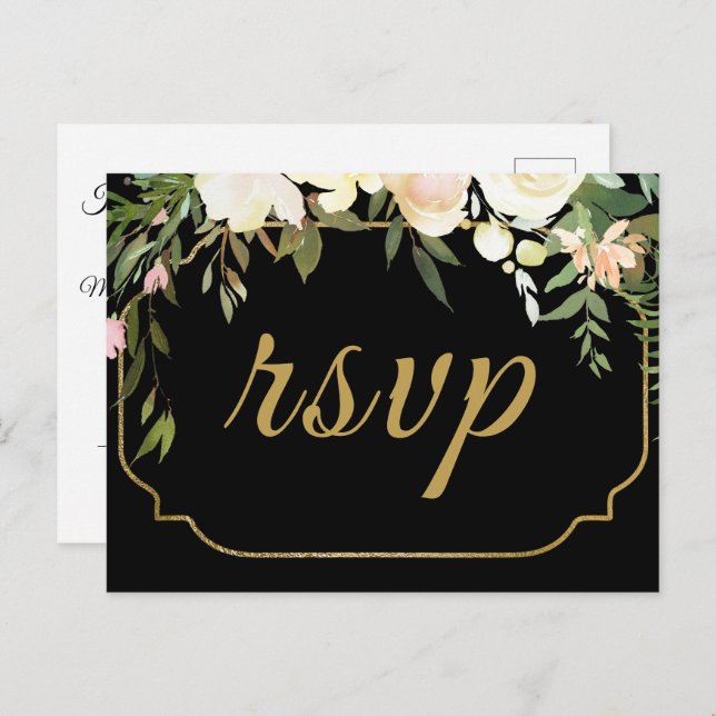 Faux Gold Watercolor Floral Black Wedding RSVP Postcard (Front/Back)