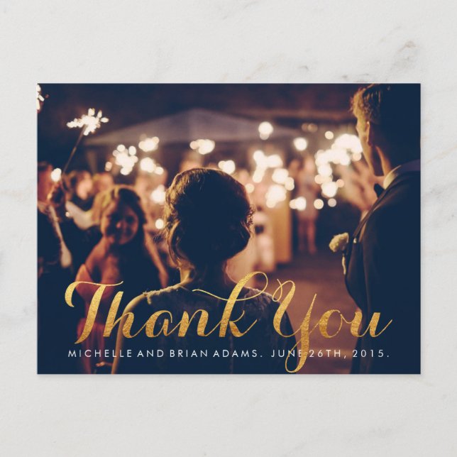 Faux Gold Wedding Photo Thank You Card (Front)