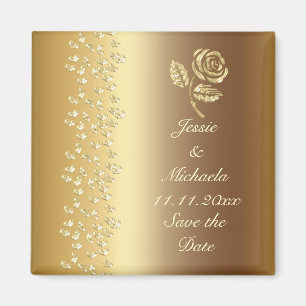 Faux Gold Wedding Rose and Hearts Save the Date Magnet