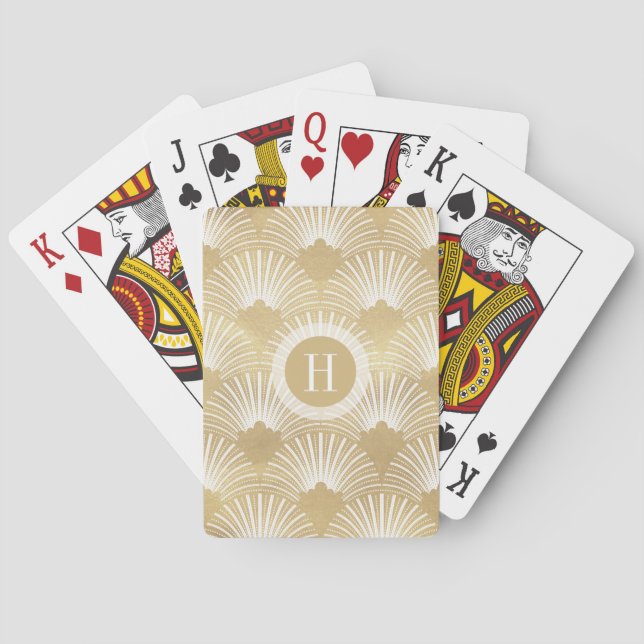 Faux Gold & White Art-Deco Geometric Pattern Playing Cards (Back)