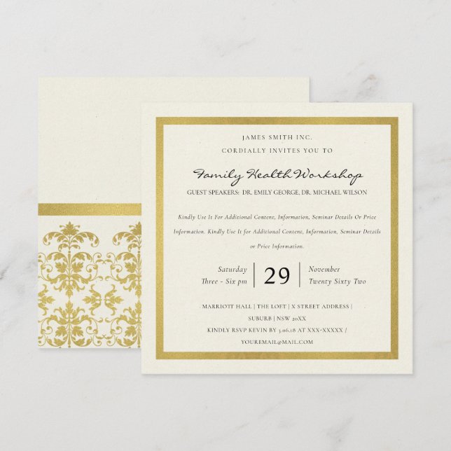FAUX GOLD WHITE DAMASK CLASSIC WORKSHOP EVENT INVITATION (Front/Back)