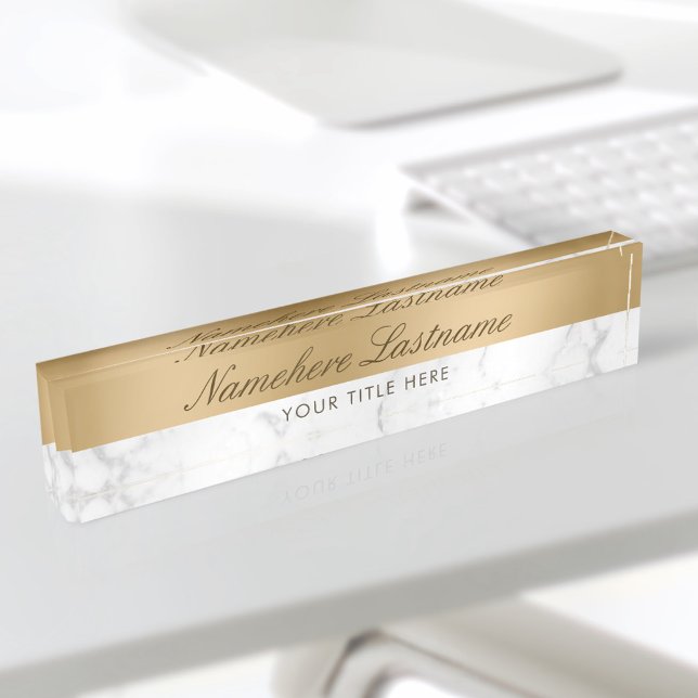 Faux Gold White Grey Marble Elegant Script Nameplate (Creator Uploaded)