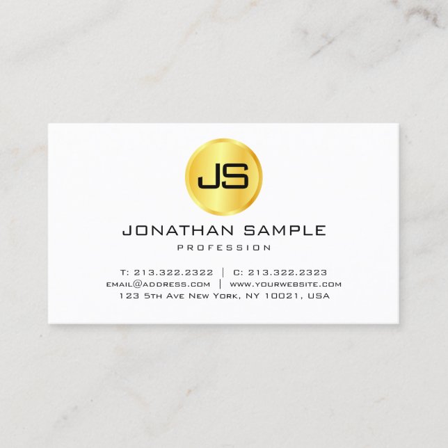 Faux Gold White Modern Elegant Monogram Template Business Card (Front)