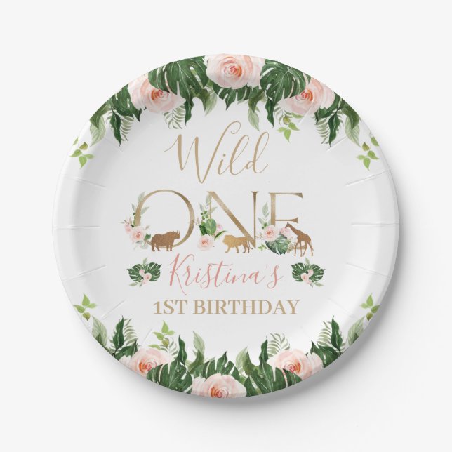 Faux Gold Wild One Floral Safari Birthday Party  Paper Plate (Front)