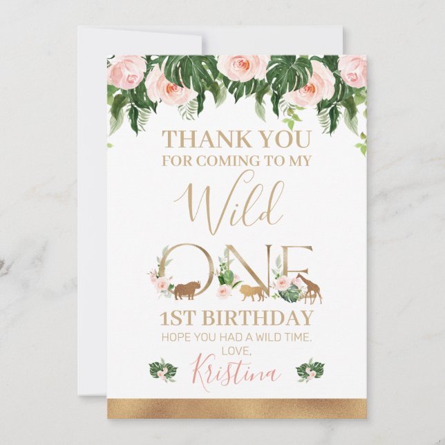 Faux Gold Wild One Floral Safari Carte de remercie (Devant)