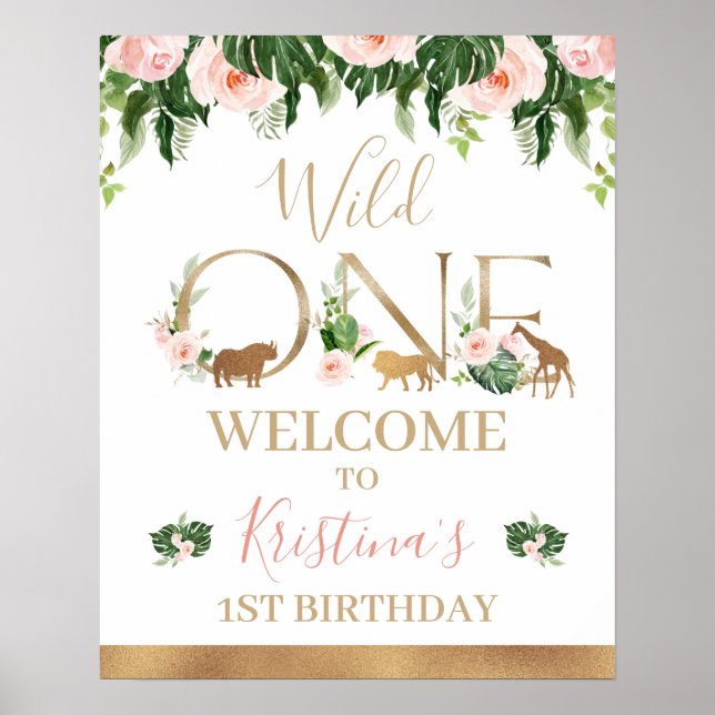 Faux Gold Wild One Floral Safari Welcome Sign (Front)